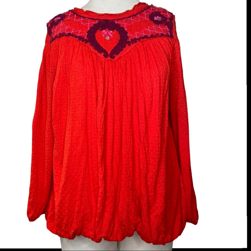Lovely FREE PEOPLE Red w/Pink + Purple Embroidery Elastic Balloon Hem L/S Blouse